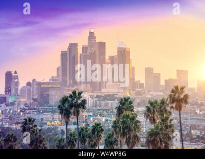 Beau coucher du soleil de Los Angeles centre-ville et de palmiers Banque D'Images