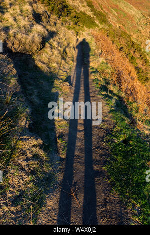Ombre d'un Walker - photographe près de coucher du soleil, sur un sentier au-dessous de Grindslow Knoll, Kinder Scout, Peak District, Derbyshire, Angleterre, RU Banque D'Images
