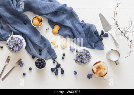 Deux mini cheesecakes aux bleuets sans cuisson enveloppé dans la noix de coco et embelli avec du vrai les bleuets et les feuilles de romarin. Table en bois blanc avec c Banque D'Images