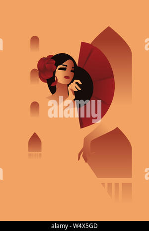 Danseuse de flamenco espagnol posant sur fond de ville avec ventilateur orné de cheveux rose. De style Art déco aux couleurs chaudes illustration Banque D'Images