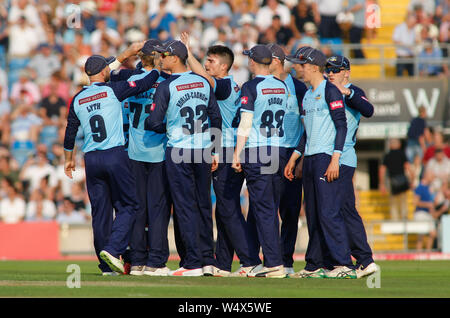 Emerald du stade Headingley, Leeds, West Yorkshire, le 25 juillet 2019. Yorkshire vikings et la Jordanie Affaire Pooran Nicholas Thompson célébrer pris le guichet de Alex Davies de Lancashire Lightning pendant l'épanouissement Blast match entre le Yorkshire vs Viking Lancashire Lightning à Emerald du stade Headingley, Leeds, West Yorkshire. Credit : Touchlinepics/Alamy Live News Banque D'Images