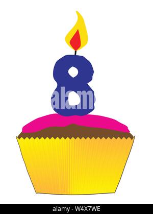 Un petit gâteau avec glaçage rose bonbon et un numéro 8 comme la bougie Illustration de Vecteur