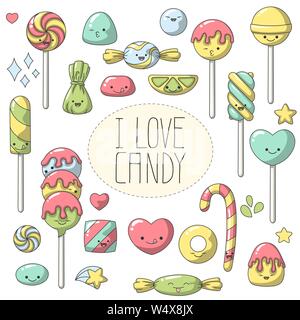 Doodle de bonbons dans le style kawaii. Jeu de caractères de dessin animé mignon. Vector collection pour autocollants, patches, badges, broches. Doodle style dessiné à la main. Illustration de Vecteur