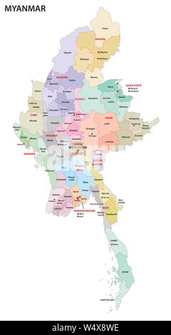 Myanmar carte administrative avec les régions et districts Illustration de Vecteur