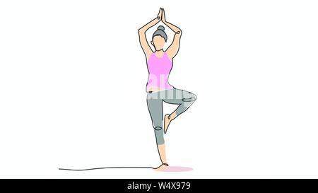 Femme dans un stand pied méditer yoga méditation seule ligne mauvais dessin avec la couleur de l'eau efect télévision illustration style Illustration de Vecteur