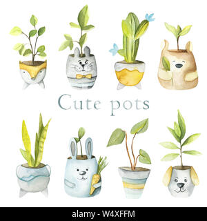 Ensemble de pots mignon aquarelle avec des plantes. Banque D'Images