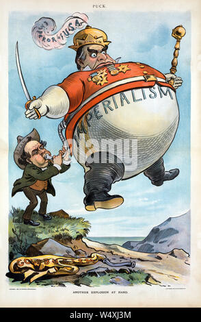 'Une autre explosion à la main', Caricature politique mettant en vedette William Jennings Bryan, à l'aide de hot-air de son 'peeches', à gonfler un ballon marqués 'impérialisme', du Président William McKinley habillé comme le 'empereur de France', tenant un sceptre et l'épée, oeuvre d'Udo J. Keppler, lithographie de J. Ottmann Lith. Co., publié par Keppler & Schwartzmann, Septembre 19, 1900 Banque D'Images