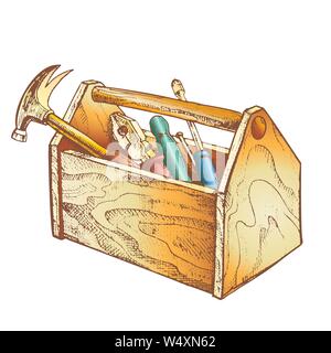 Boîte à outils en bois Vintage couleur avec ancien tableau Vector Illustration de Vecteur