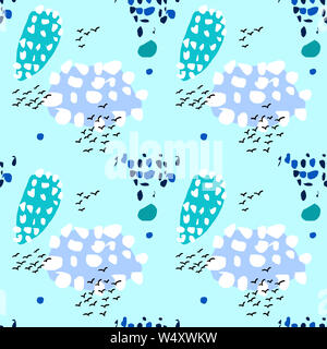 Seamless abstract pattern. Des bandes d'oiseaux noirs, hirondelles, cercles et d'ovales de couleur, taches sur un fond bleu. Arrondi et de fortes baisses. Banque D'Images