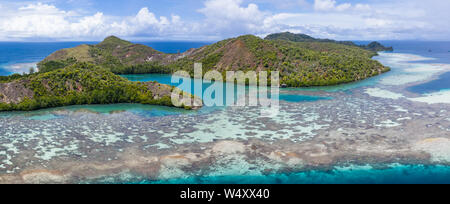 Vu de l'air en bonne santé, les récifs coralliens des îles tropicales entourent à Raja Ampat, en Indonésie. Cette région est connue pour son incroyable biodiversité marine. Banque D'Images