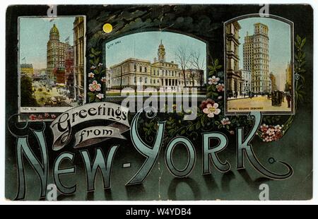 Carte postale gravé de New York City, New York, Park Row, à l'Hôtel de Ville, bâtiment et St Paul, Broadway publié par Theodor Eismann, 1909. À partir de la Bibliothèque publique de New York. () Banque D'Images