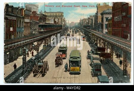 Carte postale gravé de la route surélevée et Bowery à New York City, New York, photographié par A. Loeffler, 1909. À partir de la Bibliothèque publique de New York. () Banque D'Images