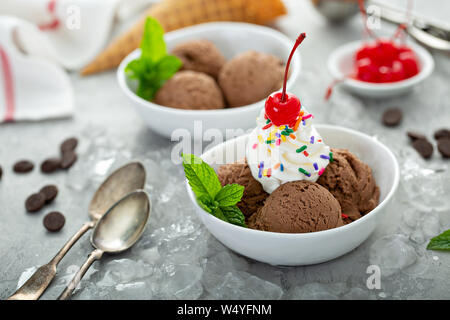 La crème glacée au chocolat avec crème fouettée et arrose dans un bol blanc Banque D'Images