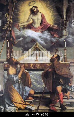 Cristo eucaristico tra i santi Andrea e Rocco. Banque D'Images