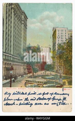 Carte postale gravé de la Bowling Green à l'extrémité sud de Broadway à New York City, New York, publié par l'illustre la carte postale, 1967. À partir de la Bibliothèque publique de New York. () Banque D'Images