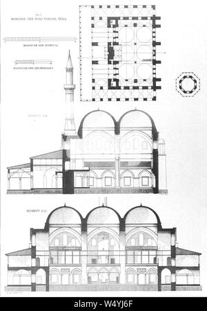 Les coupes transversales et le plan de la mosquée de Piyale Pacha à Istanbul par rameau en 1912. Banque D'Images