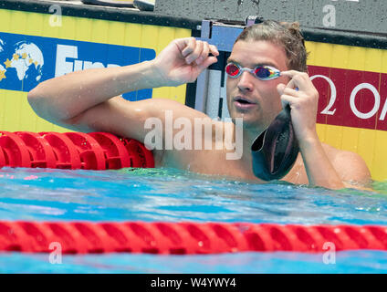 Gwangju, Corée du Sud. 26 juillet, 2019. Natation championnat du monde : 100 mètres papillon, les hommes, le plomb : Marius Kusch de Allemagne réagit. Crédit : Bernd Thissen/dpa/Alamy Live News Banque D'Images