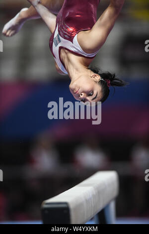 Lima, Pérou. 24 juillet 2019, Lima, Pérou : ANA IRENE PALACIOS de pratiques du Guatemala à la poutre lors de la formation podium avant la compétition tenue à la Jose Carlos Villa El Salvador. Credit : Amy Sanderson/ZUMA/Alamy Fil Live News Banque D'Images