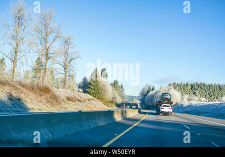 Gros camion transporteur de voitures professionnel de qualité commerciale semi truck transport de voitures sur les deux semi-remorque spéciale niveau déménagement sur la route droite wit Banque D'Images