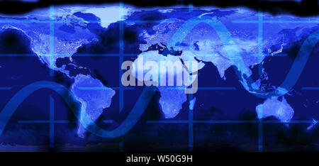 Carte du monde. Vue depuis l'espace extra-atmosphérique. Global Communications et réseautage. Les fuseaux horaires. Graphique du marché boursier. E-business et e-banking. Technique mixte Banque D'Images