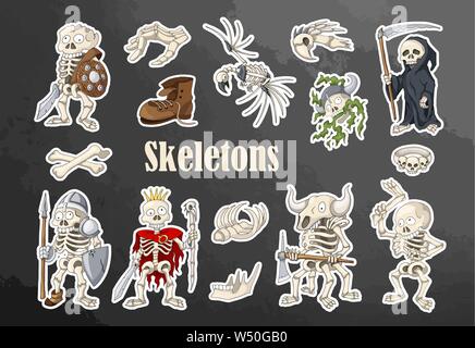 Squelettes Halloween art stickers set. Hand drawn Cartoon skeletons Illustration de Vecteur