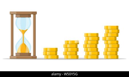 Pile de pièces d'or et hourglass réveil. Illustration de Vecteur