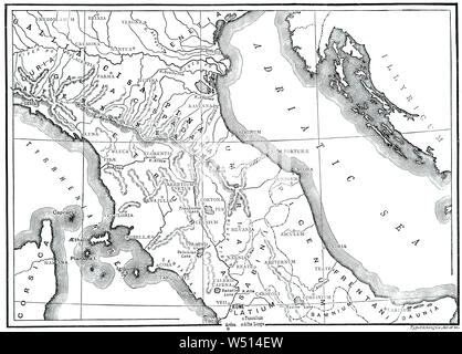 Un 19e siècle de l'ancienne carte du Nord et du centre de l'Italia (latin et italien nom pour la péninsule italienne), illustrant la patrie des Romains et metropole de Rome's empire dans l'antiquité classique. Rome était une ville-état italien qui a changé sa forme de gouvernement de royaume à République et lorsque la consolidation de l'Italie en une seule entité est produite lors de l'expansion romaine dans la péninsule, quand Rome a formé une association permanente avec la plupart des tribus locales et les villes. Banque D'Images