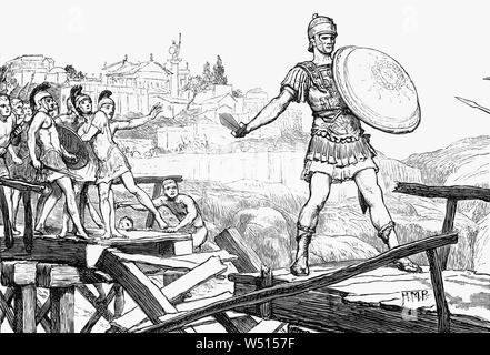 Publius Horatius Cocles était officier dans l'armée de la République Romaine précoce qui a défendu l'Pons Sublicius, de l'armée d'invasion du roi étrusque de Clusium Lars Porsena à la fin du 6e siècle avant J.-C., pendant la guerre entre Rome et Clusium. En défendant l'extrémité étroite du pont, le premier pont de l'ancienne Rome, enjambant le Tibre, elle-même que dans les deux autres, a été en mesure de tenir à distance l'armée attaque assez longtemps pour permettre à d'autres romans de détruire le pont derrière lui, bloquant l'avance des Etrusques et sauver la ville. Banque D'Images