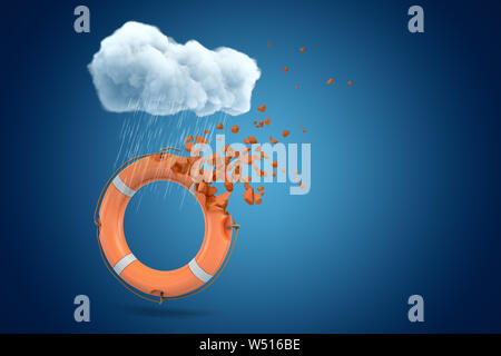 Le rendu 3D de l'anneau bouée orange l'égrenage en morceaux sous nuage blanc sur fond bleu Banque D'Images