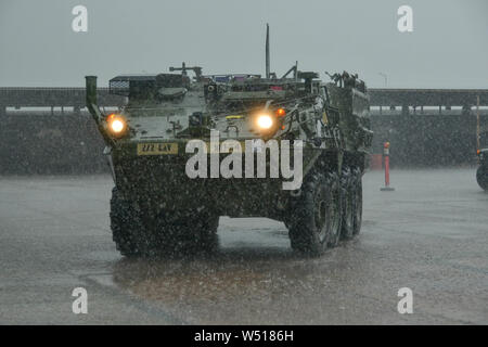 L'armée américaine d'un canon de 30 mm d'infanterie Stryker véhicule transporteur - Dragoon affectés à l'Escadron 2d, 2d de cavalerie, manoeuvres au travers du moteur extérieure pour réaliser une route tactique lors de l'Agile Esprit 19 mars à Senaki, Géorgie, 25 juillet 2019. Comme19 est un exercice mené entre les forces armées géorgiennes, conçu pour soutenir la coopération en matière de sécurité et de formation de théâtre entre les alliés et le partenariat 14 nations participantes. L'exercice a pour but d'améliorer l'état de préparation interarmées et multinationales, l'interopérabilité, la mobilité et la posture de combat de forces crédibles dans l'ensemble de l'outilen Banque D'Images