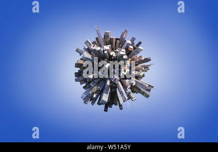 Globe concept montrant un centre ville avec des gratte-ciel (3D illustration) sur fond bleu Banque D'Images