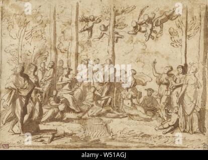 Apollon et les Muses sur le Mont Parnasse, Nicolas Poussin (Français, 1594 - 1665), en France, environ 1626 - 1628 ou 1631, plume et encre brune, pinceau de lavis, petites, irrégulières, à marge droite ajoutée, 17,6 × 24,6 cm (6 15/16 x 9 11/16 in Banque D'Images