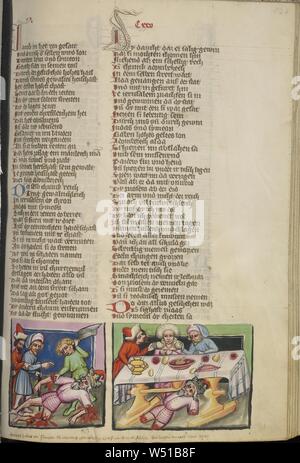 Les membres d'Adonibesek sont coupées, Adonibesek jeter sous la table de Siméon et de Juda, Inconnu, Regensburg, Bavière, Allemagne, environ 1400 - 1410 couleurs, Tempera, or, argent, peinture et encre sur parchemin, feuille : 33,5 x 23,5 cm (13 3/16 x 9 1/4 in Banque D'Images