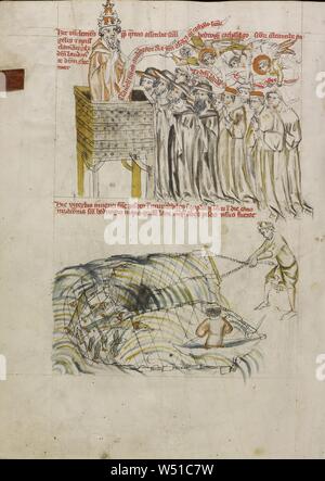 Le pape Clément entrant Saint Hedwig's Nom sur le registre des Saints, des hommes à la pêche dans un étang près de Viterbe pour nourrir les gens le jour de la canonisation de Saint Hedwig, pas de bouilloire, Silésie, Pologne, 1353 Tempera, couleurs, coloré, lavages et de l'encre sur parchemin, feuille : 34,1 x 24,8 cm (13 7/16 x 9 3/4 in Banque D'Images