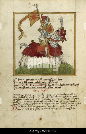 La planète Mars comme un blindé Knight à cheval, Inconnu, Ulm, Allemagne, peu après 1464, Aquarelle et encre sur papier lié entre les planches de bois d'origine recouverte de peau d'origine, feuille : 30,6 x 22,1 cm (8 1/16 x 12 11/16 in Banque D'Images