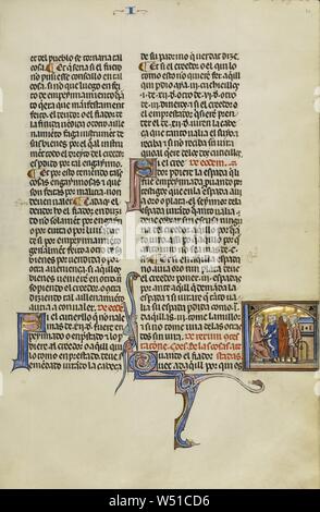 Q initiale : Trois hommes avec un sac devant un juge, Inconnu, Michael Lupi de Çandiu (Espagnol, actif Pamplona, Espagne 1297 - 1305), nord-est de l'Espagne, l'Espagne, environ 1290 - 1310 Tempera, couleurs, feuilles d'or, et de l'encre sur parchemin, feuille : 36,5 x 24 cm (14 3/8 x 9 7/16 in Banque D'Images