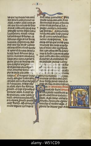 Q initiale : un juge et un avocat avec trois hommes, Inconnu, Michael Lupi de Çandiu (Espagnol, actif Pamplona, Espagne 1297 - 1305), nord-est de l'Espagne, l'Espagne, environ 1290 - 1310 Tempera, couleurs, feuilles d'or, et de l'encre sur parchemin, feuille : 36,5 x 24 cm (14 3/8 x 9 7/16 in Banque D'Images