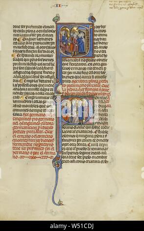 S : initial d'un soldat et d'une famille devant un roi, P initiale : Quatre hommes devant un roi, Inconnu, Michael Lupi de Çandiu (Espagnol, actif Pamplona, Espagne 1297 - 1305), nord-est de l'Espagne, l'Espagne, environ 1290 - 1310 Tempera, couleurs, feuilles d'or, et de l'encre sur parchemin, feuille : 36,5 x 24 cm (14 3/8 x 9 7/16 in Banque D'Images