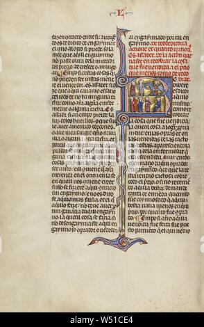 R initiale : deux hommes d'exercer la vente d'un cheval et quatre hommes devant un juge, Inconnu, Michael Lupi de Çandiu (Espagnol, actif Pamplona, Espagne 1297 - 1305), nord-est de l'Espagne, l'Espagne, environ 1290 - 1310 Tempera, couleurs, feuilles d'or, et de l'encre sur parchemin, feuille : 36,5 x 24 cm (14 3/8 x 9 7/16 in Banque D'Images