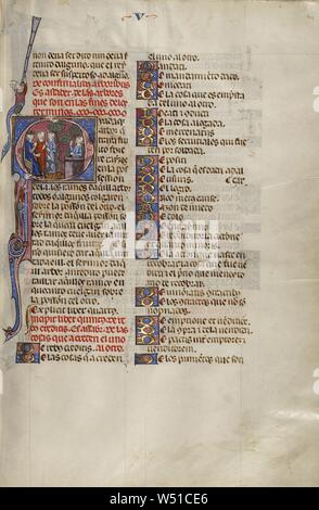 Q initiale : Deux hommes devant un juge et un troisième homme regardant de derrière un mur, Inconnu, Michael Lupi de Çandiu (Espagnol, actif Pamplona, Espagne 1297 - 1305), nord-est de l'Espagne, l'Espagne, environ 1290 - 1310 Tempera, couleurs, feuilles d'or, et de l'encre sur parchemin, feuille : 36,5 x 24 cm (14 3/8 x 9 7/16 in Banque D'Images