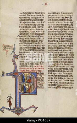 P initiale : un homme parlant à quatre jeunes gens et un homme de placer un anneau sur la main d'une femme, Inconnue, Michael Lupi de Çandiu (Espagnol, actif Pamplona, Espagne 1297 - 1305), nord-est de l'Espagne, l'Espagne, environ 1290 - 1310 Tempera, couleurs, feuilles d'or, et de l'encre sur parchemin, feuille : 36,5 x 24 cm (14 3/8 x 9 7/16 in Banque D'Images