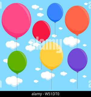 Tas de ballons colorés amusants volant dans le ciel. Ballons de célébration de fête d'anniversaire dans le ciel bleu. Banque D'Images