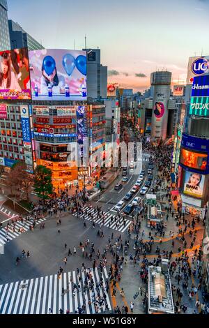 Croisement de Shibuya à partir de ci-dessus, une foule de gens à l'intersection, beaucoup de signes et de publicité lumineuse, crépuscule crépuscule, gare de Shibuya Banque D'Images