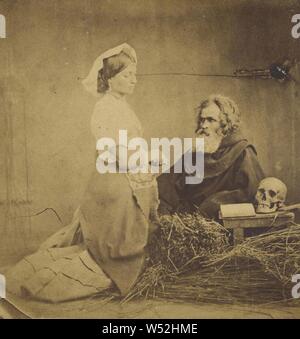 Genre : Femme sur les genoux en face de l'homme barbu blanc, crâne et livre ouvert sur une petite table, inconnu, vers 1860, à l'albumine argentique Banque D'Images