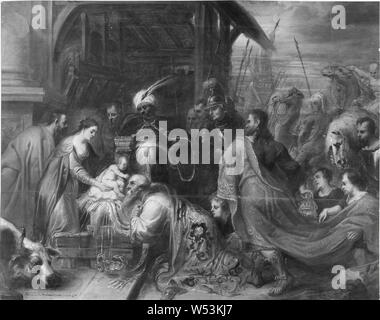 L'École de Peter Paul Rubens, l'Adoration des Mages, le culte du roi, peinture, art religieux, bois sur bois, huile sur panneau, hauteur, 41 cm (16,1 po), largeur, 53 cm (20,8 pouces), Banque D'Images