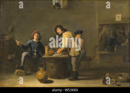 Manière de David Teniers le Jeune, Tavern Scene avec tuyau-fumeuses, de l'intérieur avec le pip fumeur, huile sur chêne, montés dans les cassette, hauteur, 41,1 cm (16,1 pouces) de largeur, 61,3 cm, (24,1 pouces), profondeur, 1 cm (0,3 pouces), signé, D. TENIERS F. Banque D'Images