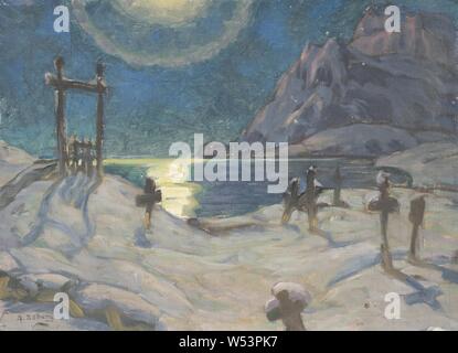 Anna Boberg, le cimetière dans les montagnes, étude de Lofoten, Kyrkogård dans les montagnes, peinture, 1920, huile sur toile montée sur carton, hauteur, 24 cm (9,4 po), largeur, 33 cm (12,9 pouces), signé, A. Boberg Banque D'Images