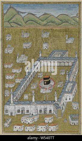 La Kaaba, vu à partir d'une vue à vol d'oiseau, contre un fond doré se trouve un palais blanc ou une mosquée avec une cour murée dans lequel toutes sortes de structures lâches stand, au milieu d'un carré noir sur une structure ronde, cour fermée, à l'extérieur de mur a 6 tours et à l'extérieur du mur quelques maisons sont éparpillées ici et là, à l'horizon de vertes collines. La représentation est encadré par de fines lignes de trame en noir, coloré avec de l'or et à une certaine distance en découle une deuxième frontière de couleur or dans cadre noir à l'arrière, les lignes de texte, également dans la tuyauterie d'or et ornés ici et là Banque D'Images