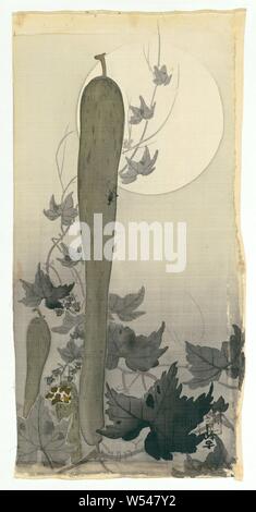 Wild cucumber avec pleine lune, deux fruits du concombre sauvage avec quelques branches pour la pleine lune., Ohara Koson, Japon, 1887 - 1945, schildering, pinceau, h 34,4 cm × 16,8 cm w Banque D'Images