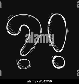 Question et d'Exlamation marques. Hand drawn blanc sur fond noir Illustration de Vecteur